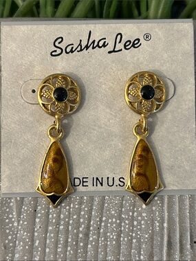 Sasha Lee Gold-Tone and enamel caramel and black dangle Drop Post-back Earrings